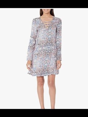 Ella Moss Lace-Up Long Sleeve Floral Mini Dress in Blue and Pink